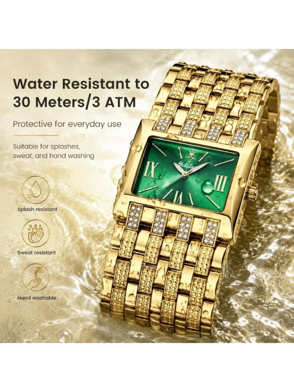 Women's Gold Green Rectangular Crystal Bangle Stainless Steel Quartz Wrist Watch